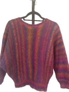 Hand Knit Vintage Fuzzy Mohair cozy  Multicolor Ombré Stripe Sweater